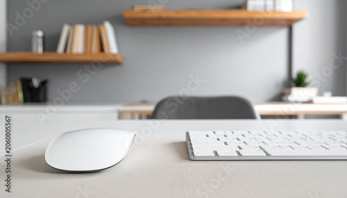 Minimalist workspace featuring a sleek white computer mouse on a white desk
