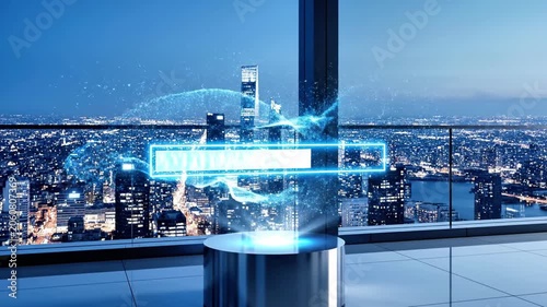 A futuristic cityscape at dusk with a glowing blue interface on a pedestal
