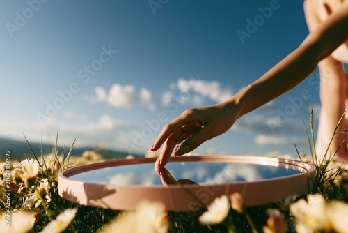 A persons hand reaching to touch a round pink mirror in a sunny meadow, reflecting the blue sky for nature and mindfulness content