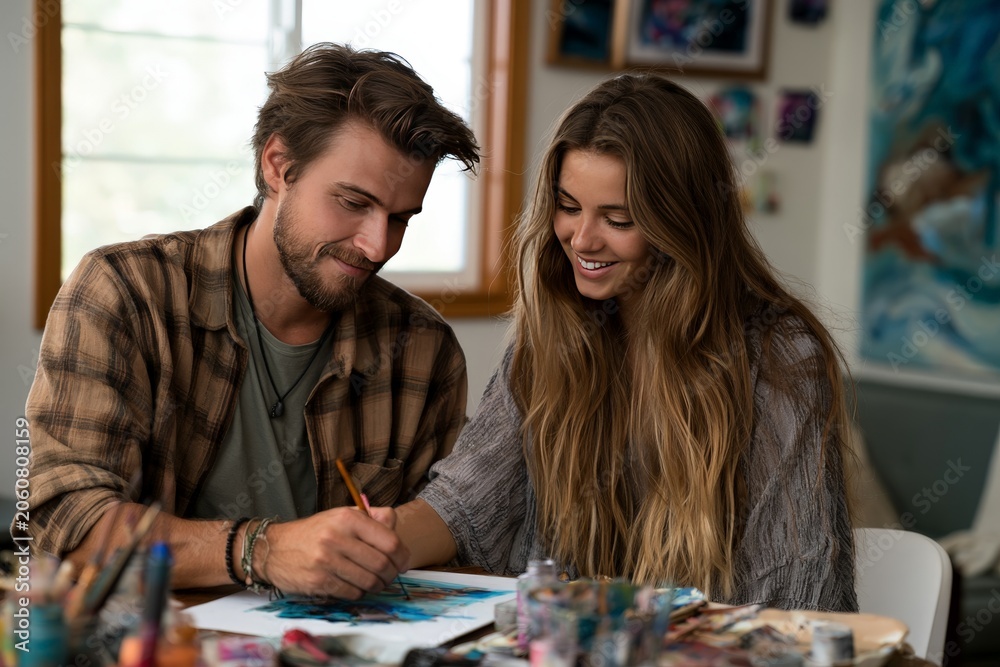 Fototapeta premium Young Artists Creating Together in Cozy Studio Setting
