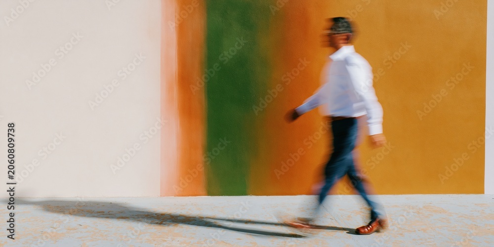 Naklejka premium Blurred motion of a person walking past a tricolor color block wall, showing vibrant green and gold tones with copy space for design and layout