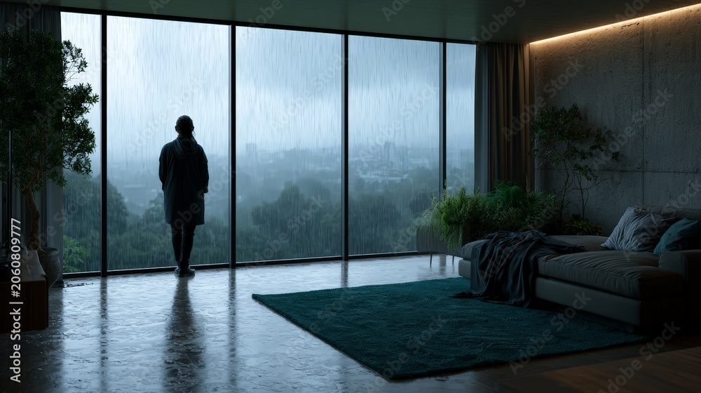 Fototapeta premium Solitary Figure in Rainy Apartment with Urban View and Greenery