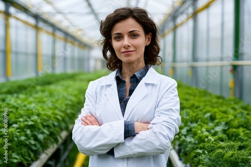 Confident female scientist poses in greenhouse with vibrant plants