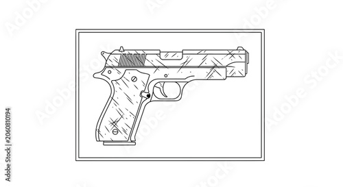 Handgun Outline Drawing, Scratched Texture, Vintage Style Pistol Illustration