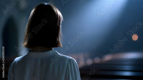 A woman stands inside a church, facing away from the camera, with light streaming through a window and illuminating the rows of pews