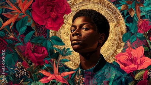 Regal Juneteenth portrait celebrating Black freedom amid a gold sunburst and vibrant red blooms