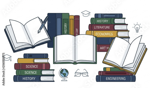 Bild auf Leinwand Isolated Open Books and Academic Study Materials Vector Set for Higher Education