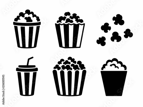 Black and white popcorn and soda icons set