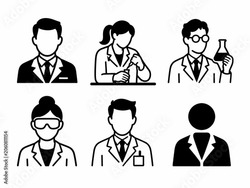 Collection of scientist icons: diverse male and female professionals in lab coats