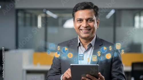 Indian Financial Technology Concept: Elegant Holographic Market Icons and Tablet Held by Confident Corporate Professional