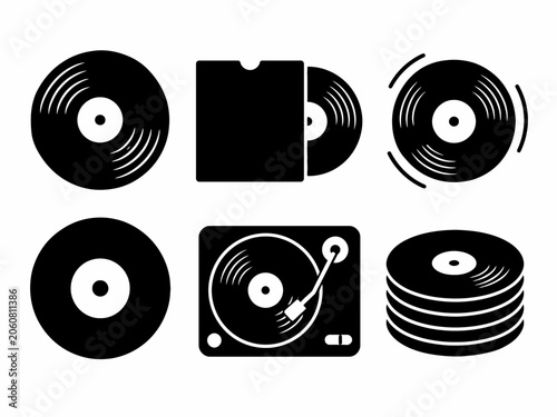 Vinyl records and turntable icons collection for music enthusiasts