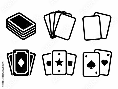 Minimalist playing cards icons: diamonds, stars, hearts, spades, and clubs illustrations
