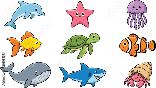 Photography Cute sea life cartoon character vector collection set featuring friendly underwa