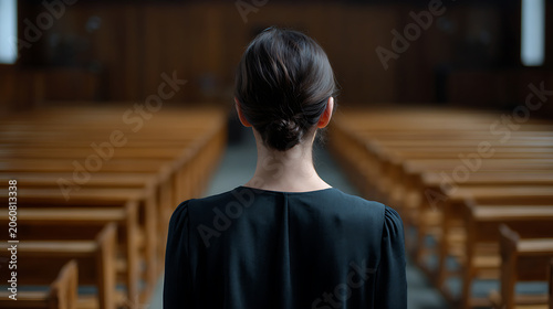 A woman stands with her back to the camera, facing rows of empty wooden pews in a dimly lit hall. The setting appears solemn and introspective