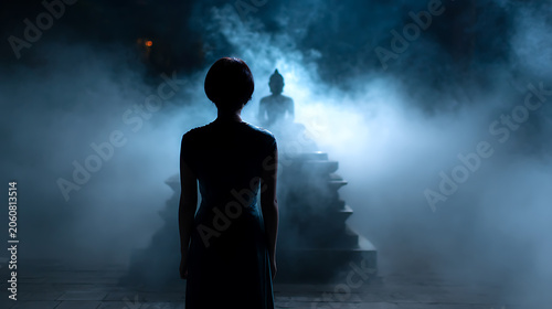 A silhouette of a person facing a Buddha statue surrounded by smoke and fog, creating an atmosphere of mystery and spirituality