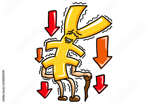 China's Currency Mascot - Yuan is Weakening with a Sad Expression, with a limp body while holding a stick and a shaking body with an Arrow pointing Down