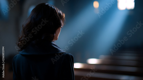 A woman stands in a church, her back to the camera, bathed in a dramatic shaft of light from a stained glass window. The pews of the church are visible in the foreground