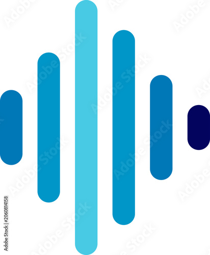 Abstract blue audio soundwave equalizer icon featuring vertical rounded bars representing frequency and digital music signals.
