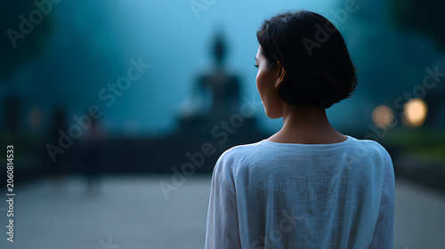 A serene woman in a white top gazes at a distant, mist-shrouded Buddha statue. The atmosphere is tranquil and contemplative, hinting at spiritual introspection and a connection to peace