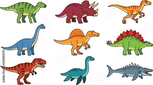 Foto Cartoon dinosaur vector collection set featuring colorful jurassic prehistoric r