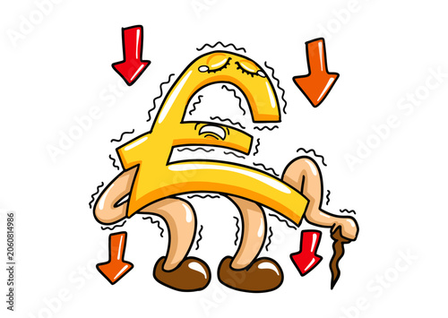European Union Currency Mascot - Euro - €, EUR - Yuan is Weakening With a Sad Expression, with a limp Body while holding a stick and a shaking body with an Arrow pointing Down