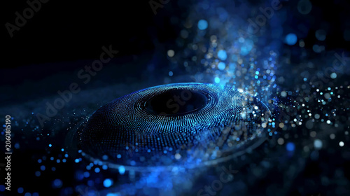 A swirling vortex of blue light particles, creating a mesmerizing and futuristic abstract pattern. The dark background enhances the glowing effect of the light particles.