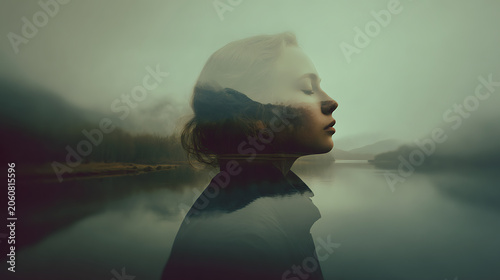A surreal double exposure portrait of a woman with her eyes closed, overlaid with a misty mountain landscape reflecting in a calm lake. The image evokes introspection and tranquility.