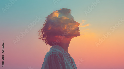 Double exposure portrait of a young woman's profile superimposed with a sunset sky and clouds. The colors are soft and ethereal, creating a dreamlike atmosphere