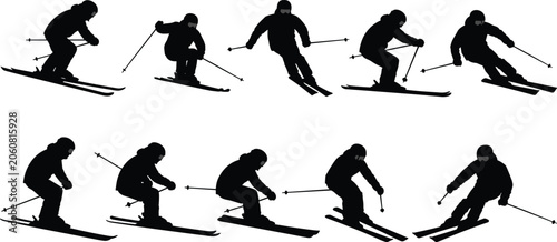 Skier silhouettes in dynamic downhill positions, vector illustration design, winter sports concept, skiing technique graphics, athletic motion art