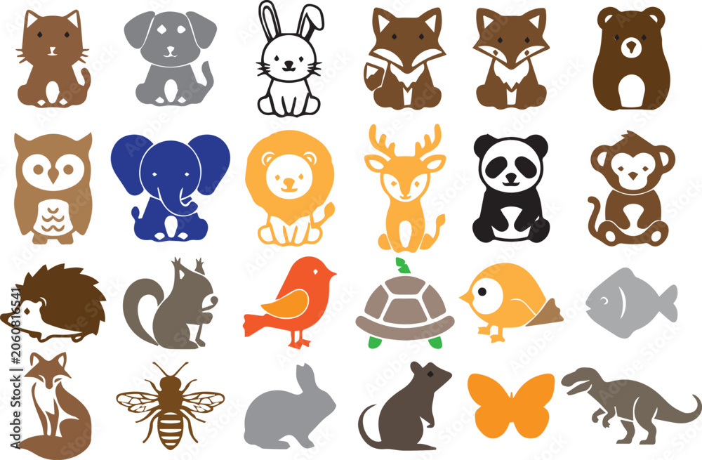 Obraz premium Cute animal characters vector asset bundle with flat colorful cartoon wildlife icons