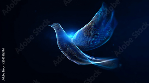 A glowing blue abstract dove soaring through darkness, symbolizing peace and hope. Its wings are ethereal, emitting soft light against the deep background
