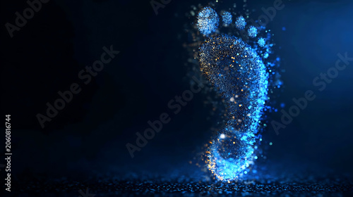 A luminous, ethereal footprint composed of shimmering particles against a dark, cosmic background, suggesting a profound impact or digital trace
