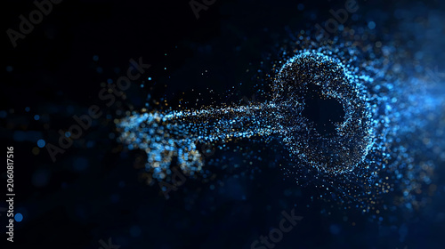Digital key made of glowing particles on a dark background. The key is unlocking a new digital world and opportunities