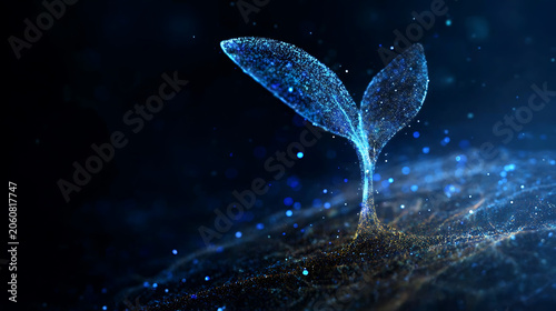 A digital plant sprout growing from digital soil with glowing particles, symbolizing growth and technology