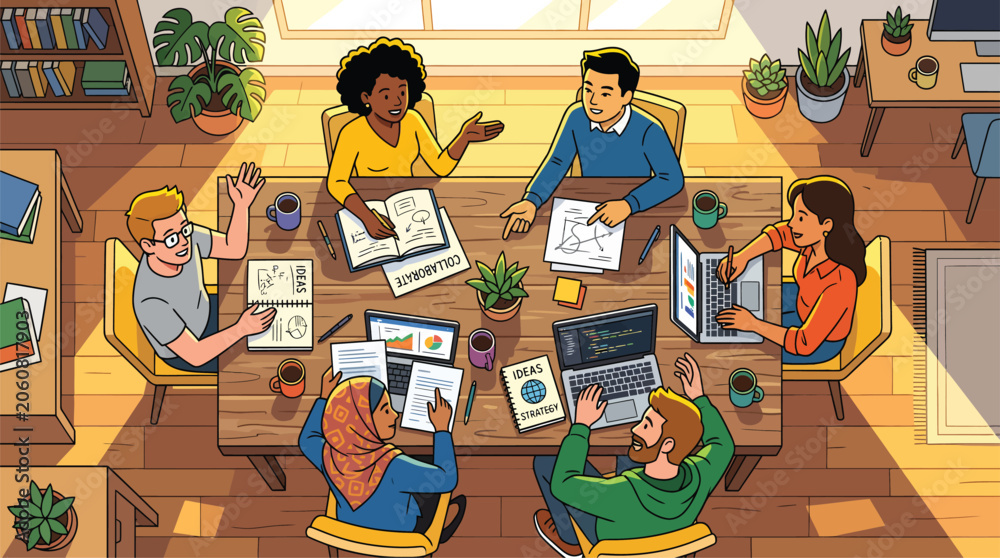 © Astreabutut - Diverse group of people collaborating around a large wooden table in a bright modern office space.