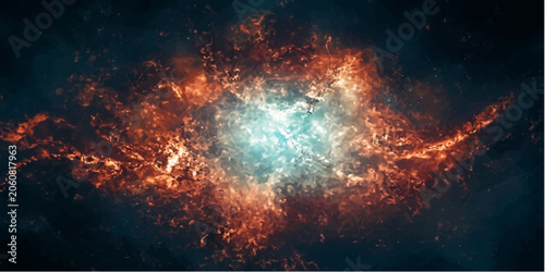 Foto An abstract depiction of cosmic explosion, a vibrant nebula of fiery orange and electric blue hues swirls in the vast expanse of deep space, evoking a sense of raw power and celestial wonder