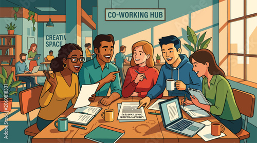 Diverse group of young professionals collaborating in a modern co-working space.