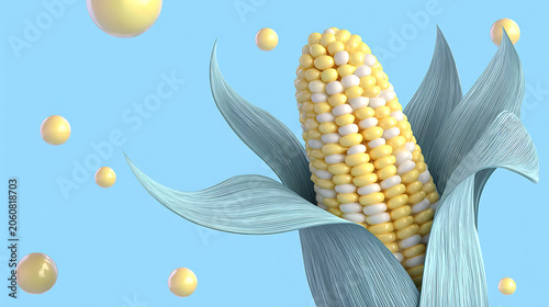 A close-up of a fresh corn cob with its husk peeled back, set against a bright blue background with floating yellow orbs. The corn has alternating kernels of yellow and white.