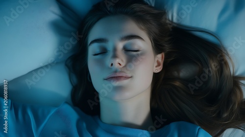 Young woman sleeping peacefully in her bed at night with soft blue lighting illuminating her calm face and relaxed features