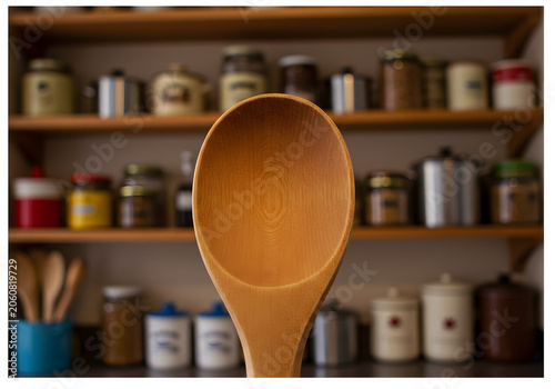 Wooden spoon against kitchen jars