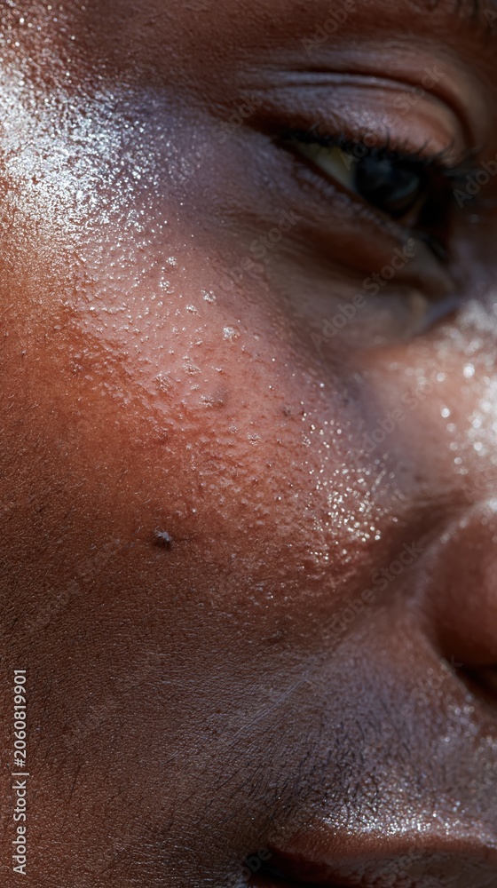 Fototapeta premium Extreme close up of hydrated African American skin texture with dewy serum reflections and visible pores for skincare and dermatology marketing