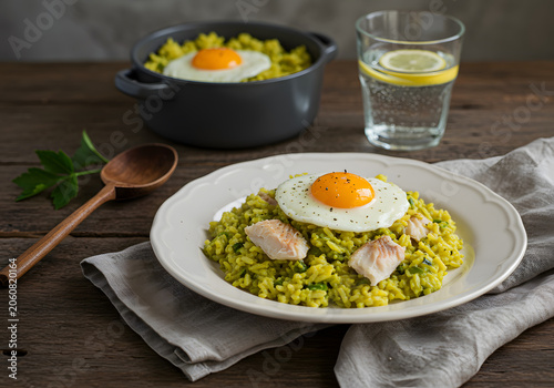 Yellow rice dish with fried egg