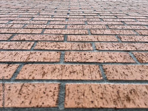 Low Angle Perspective of Red Brick Wall Looking Up Texture. Ant view of a red brick wall.