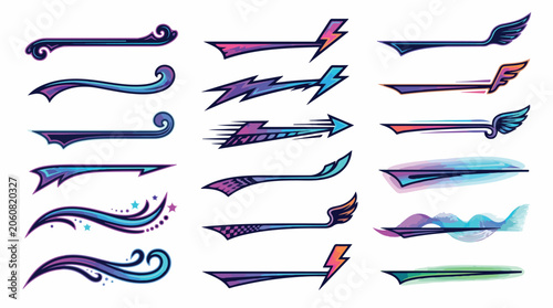 Dynamic sports swoosh vector set, decorative speed lines with lightning and wings, 18 colorful motion graphic elements for logo design and racing branding