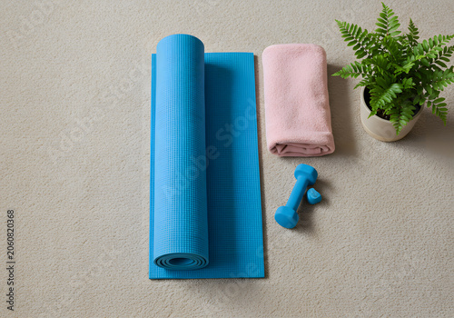 Yoga accessories on light surface