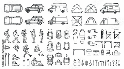 Camping and hiking line icons set, outdoor adventure equipment vector collection, minimalist travel gear and camper van illustrations for map design