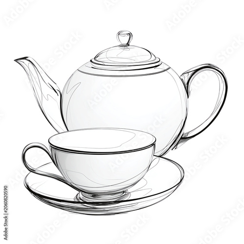 Handdrawn sketch of a classic porcelain teapot and a teacup with a saucer, elegant tea set illustration isolated on transparent background isolated on transparent background