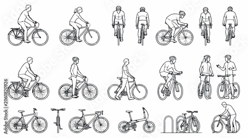 Minimalist bicycle line art collection, set of 17 cyclist vector icons, architectural scale figures for urban planning and city transport design