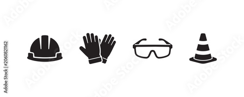 Foto Safety equipment icons: helmet, gloves, goggles, traffic cone.