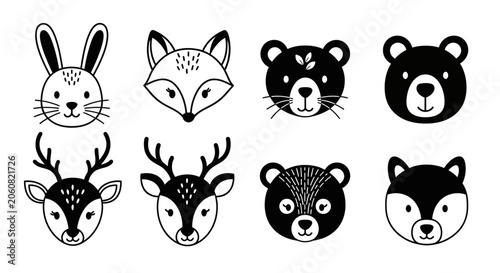 Canvas Print black and white animal faces, forest creatures, illustration set
